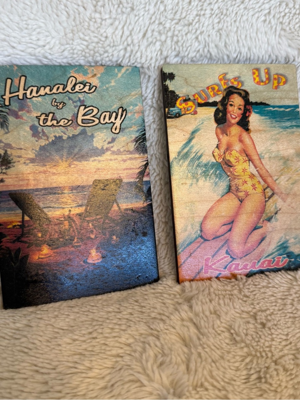 2 Vintage Hawaiian Woods Wooden Postcard Pinup Beach Island Art